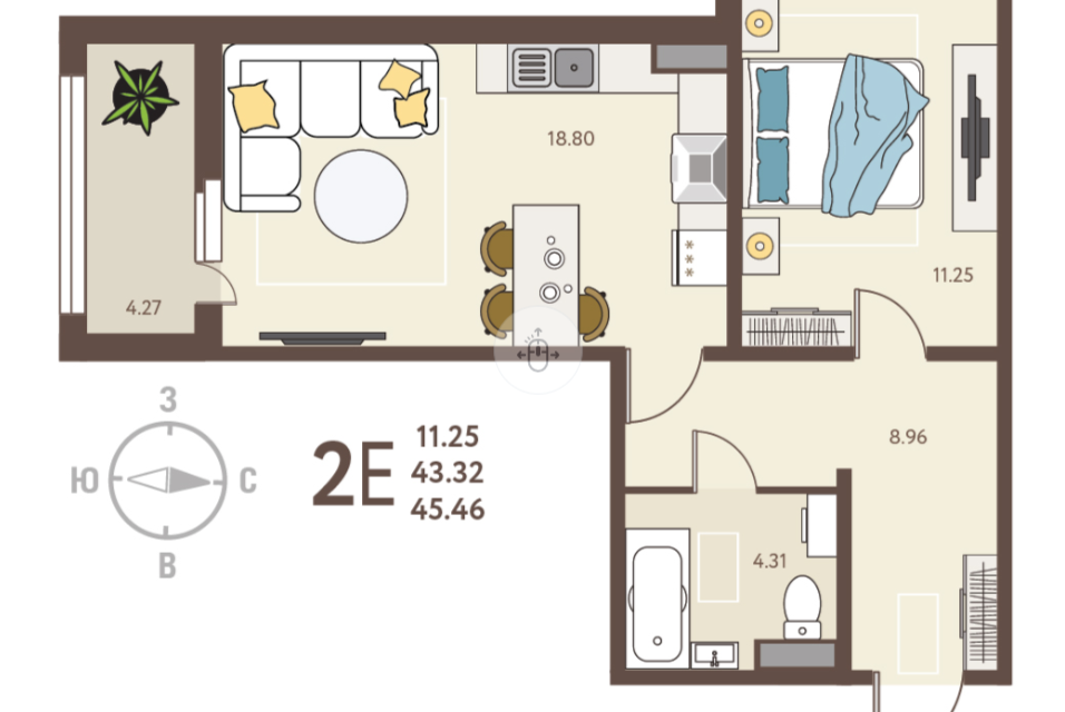 Продаётся 1-комнатная квартира, 45.46 м²