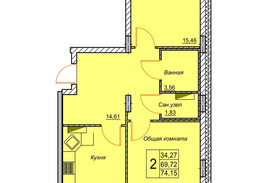 Продаётся 2-комнатная квартира, 69.7 м²