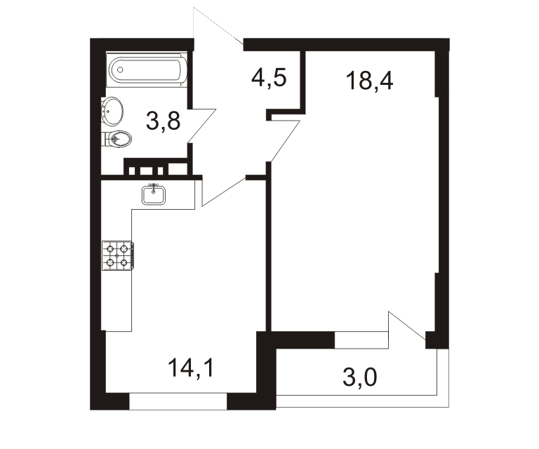Продаётся 1-комнатная квартира, 43.8 м²
