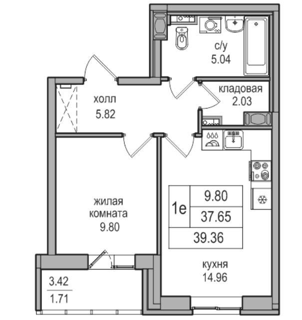 Продаётся 1-комнатная квартира, 37 м²
