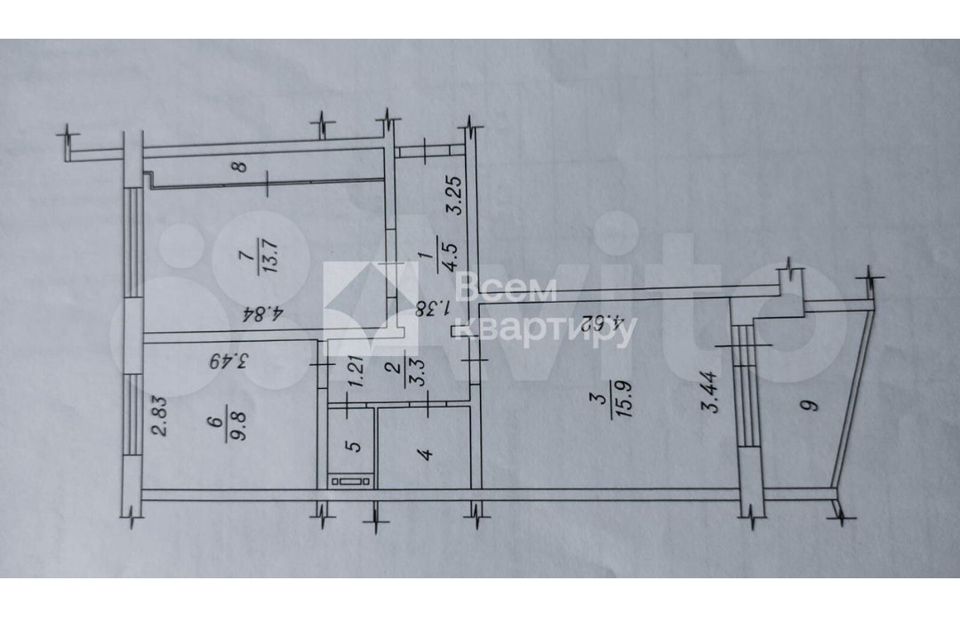 Продаётся 2-комнатная квартира, 53.8 м²