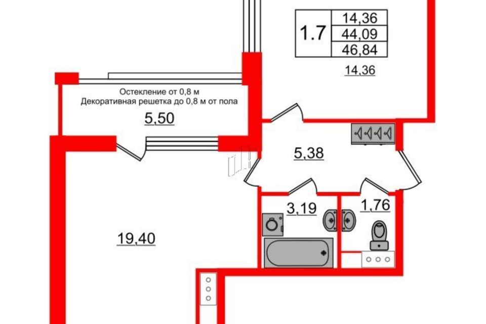Продаётся 1-комнатная квартира, 49 м²