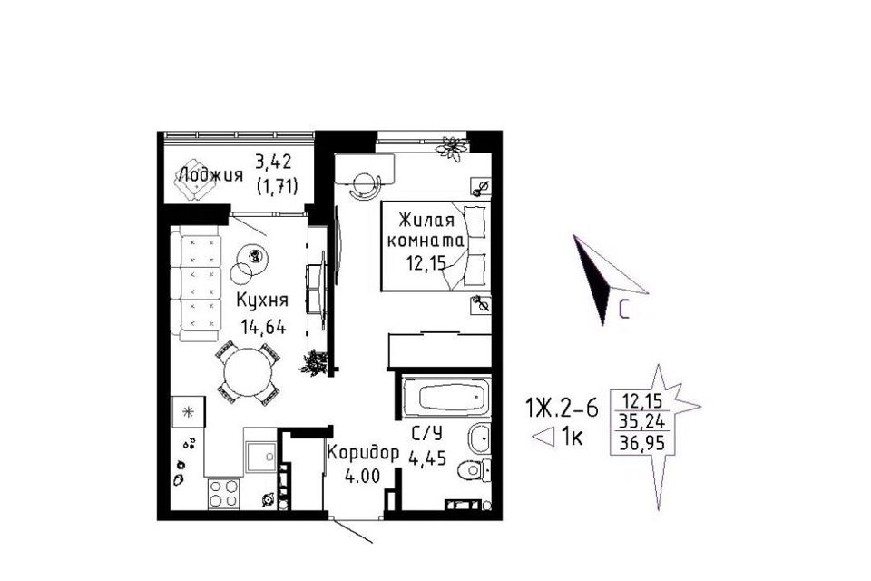 Продаётся 1-комнатная квартира, 37 м²