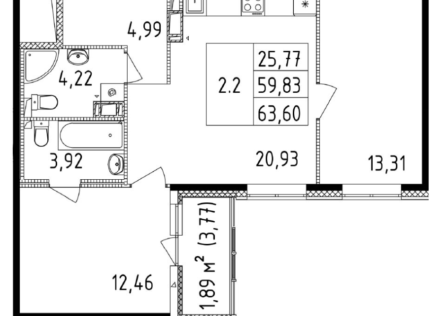 Продаётся 2-комнатная квартира, 60.3 м²