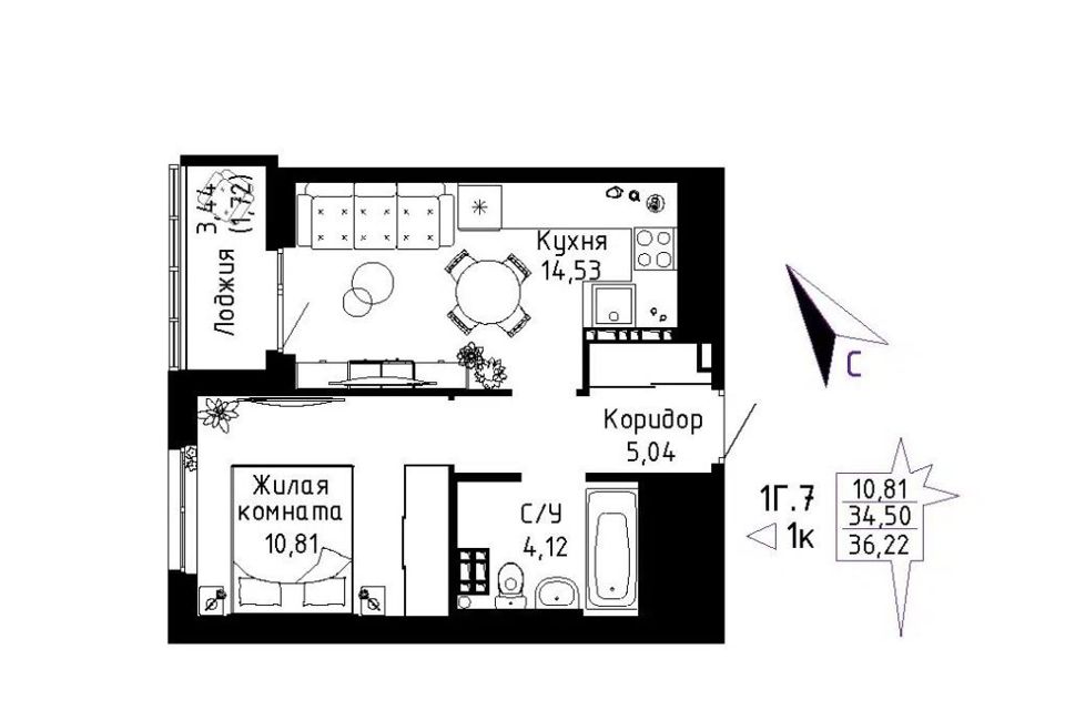 Продаётся 1-комнатная квартира, 36.2 м²