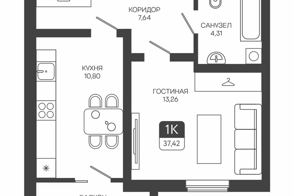 Продаётся 1-комнатная квартира, 37.42 м²
