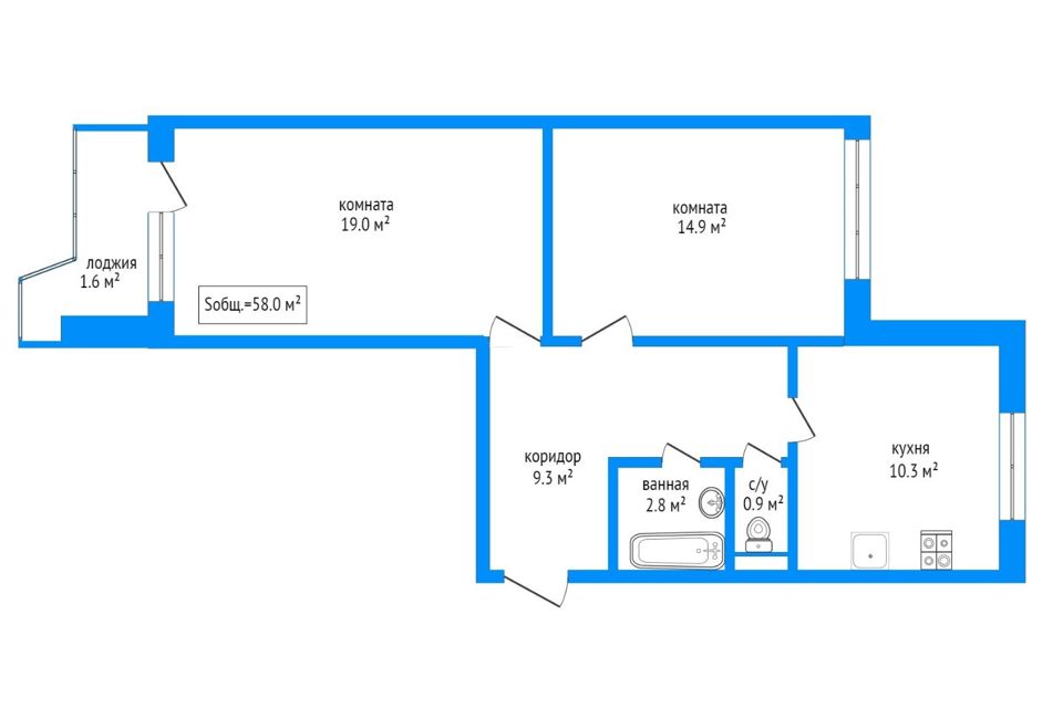 Продаётся 2-комнатная квартира, 58 м²