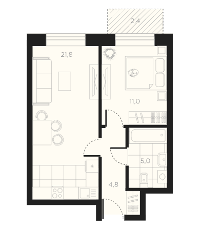 Продаётся 1-комнатная квартира, 42.6 м²