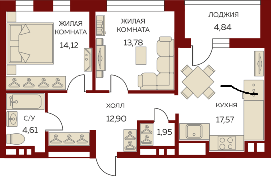Продаётся 2-комнатная квартира, 64 м²