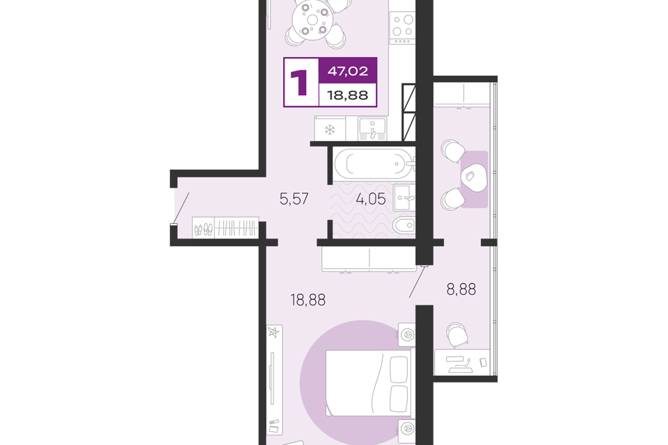 Продаётся 1-комнатная квартира, 47.02 м²