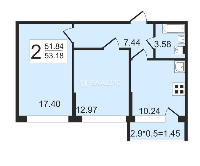 Продаётся 2-комнатная квартира, 53 м²