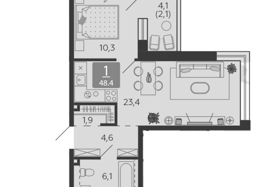 Продаётся 1-комнатная квартира, 48.4 м²