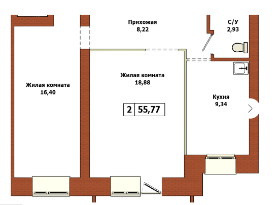 Продаётся 2-комнатная квартира, 54.55 м²