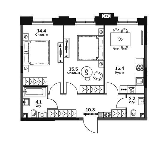 Продаётся 2-комнатная квартира, 61.9 м²