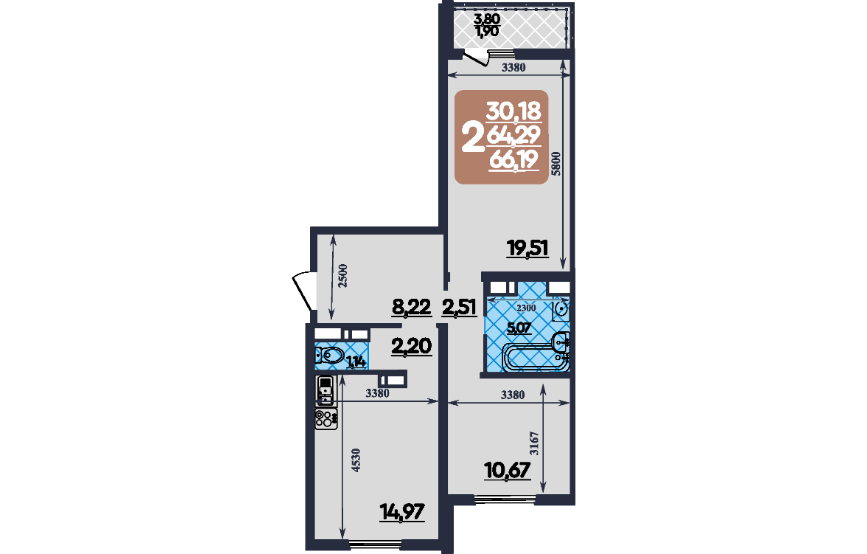 Продаётся 2-комнатная квартира, 66 м²