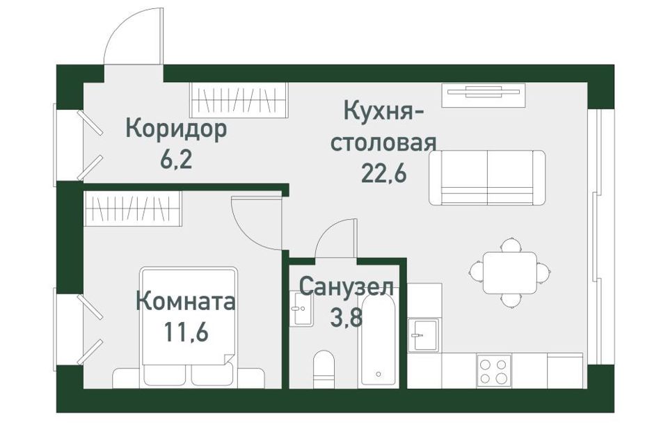 Продаётся 1-комнатная квартира, 44.2 м²