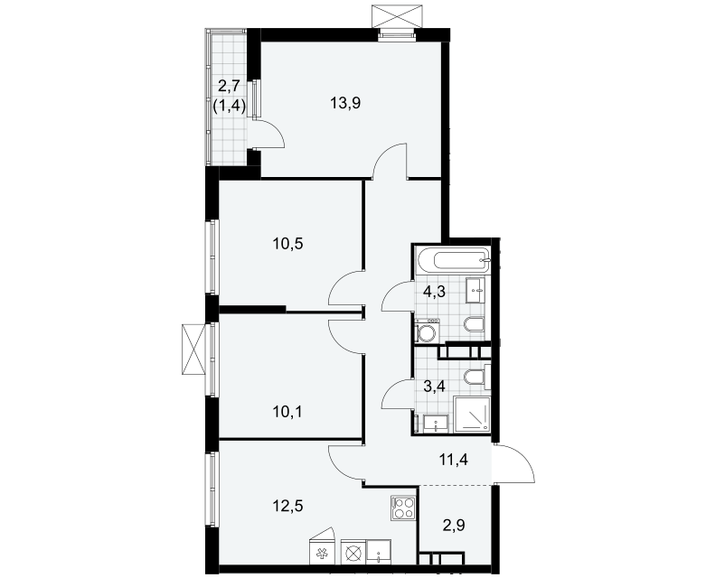 Продаётся 3-комнатная квартира, 70.4 м²