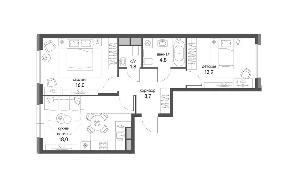 Продаётся 2-комнатная квартира, 62.9 м²