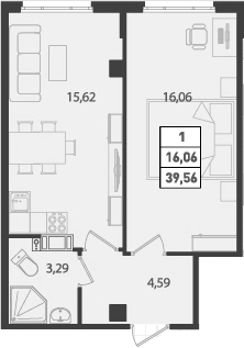 Продаётся 1-комнатная квартира, 39.56 м²
