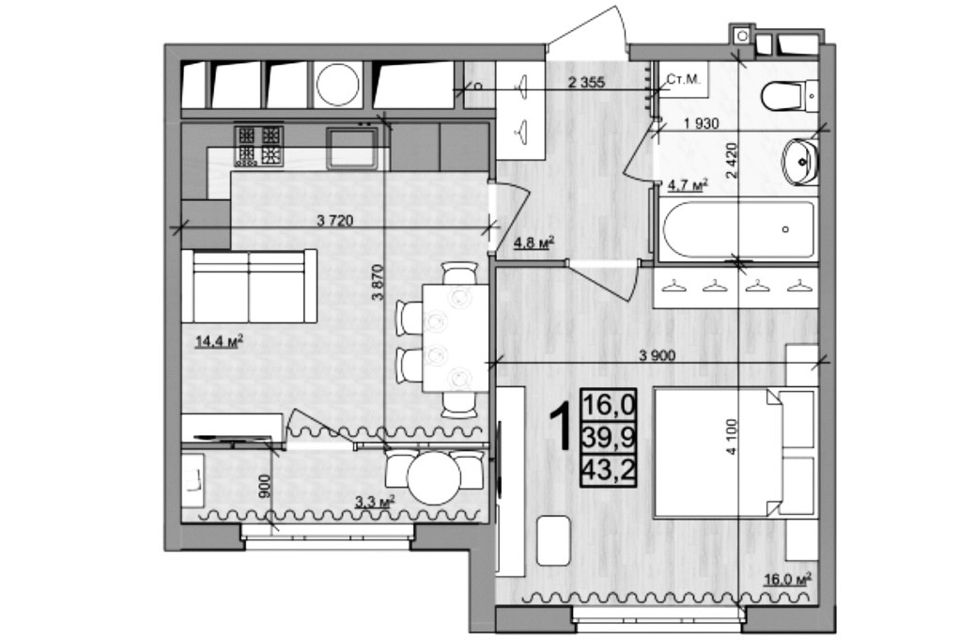 Продаётся 1-комнатная квартира, 44 м²