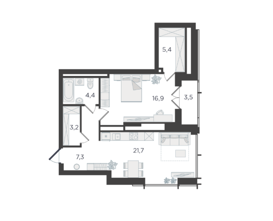 Продаётся 1-комнатная квартира, 61.3 м²