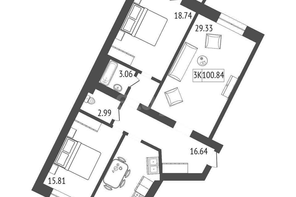 Продаётся 3-комнатная квартира, 101.92 м²