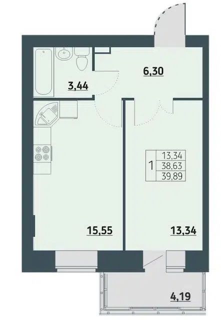 Продаётся 1-комнатная квартира, 39.7 м²