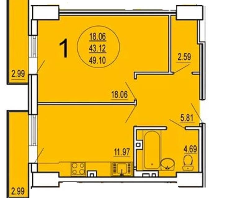 Продаётся 1-комнатная квартира, 43 м²
