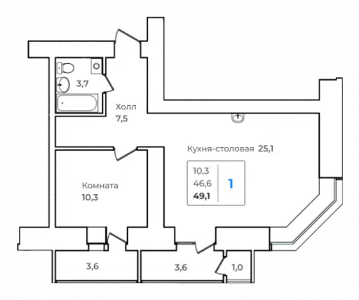 Продаётся 1-комнатная квартира, 49.1 м²