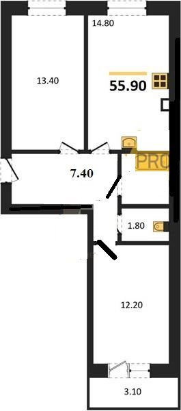 Продаётся 2-комнатная квартира, 55.9 м²