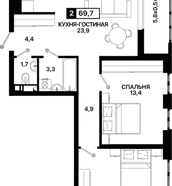 Продаётся 2-комнатная квартира, 69.7 м²