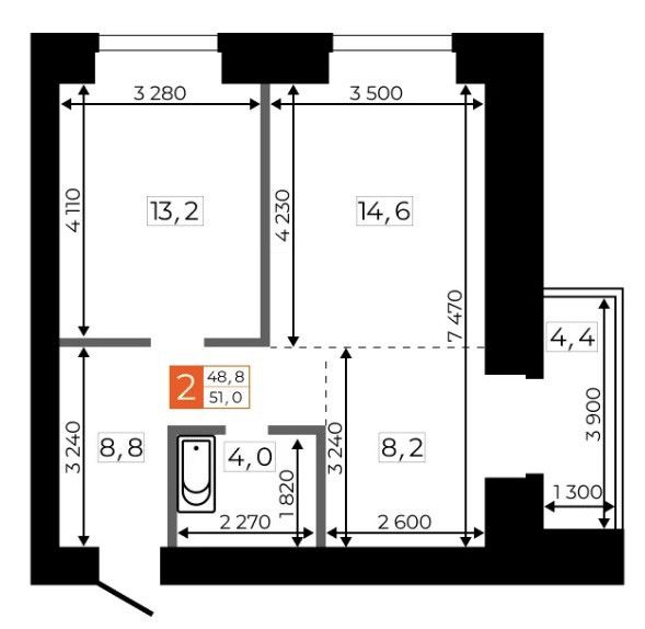 Продаётся 2-комнатная квартира, 52 м²