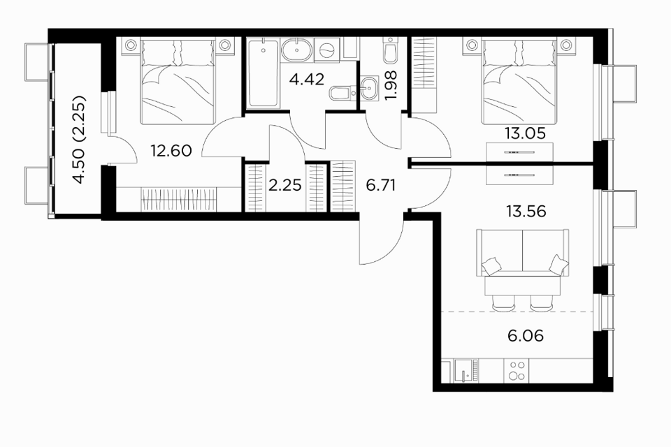 Продаётся 3-комнатная квартира, 62.88 м²