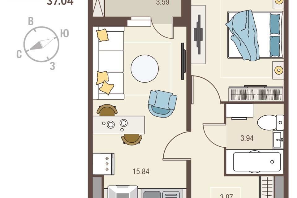 Продаётся 1-комнатная квартира, 37.04 м²