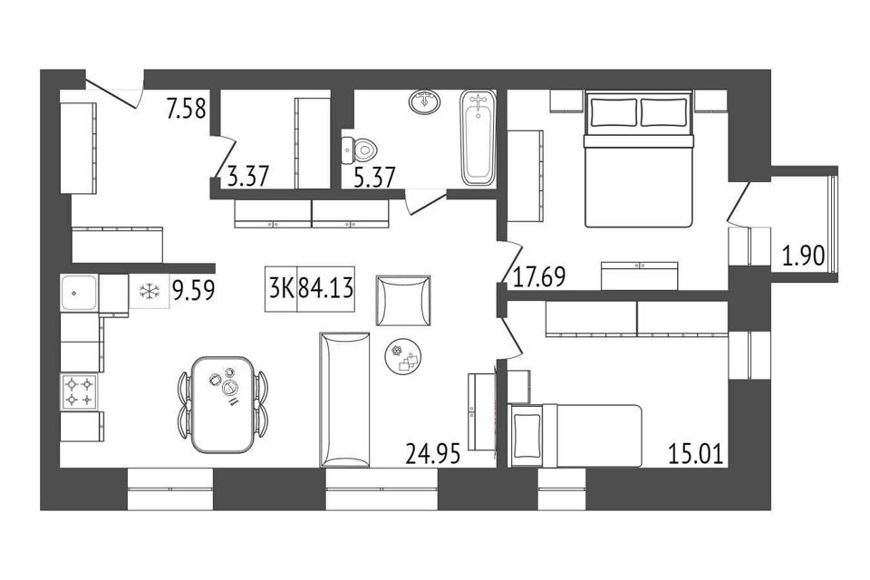 Продаётся 3-комнатная квартира, 84.13 м²