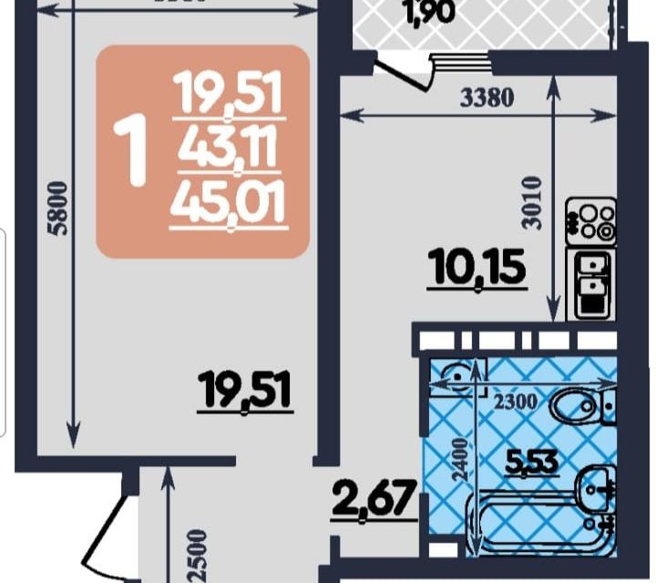 Продаётся 1-комнатная квартира, 45 м²