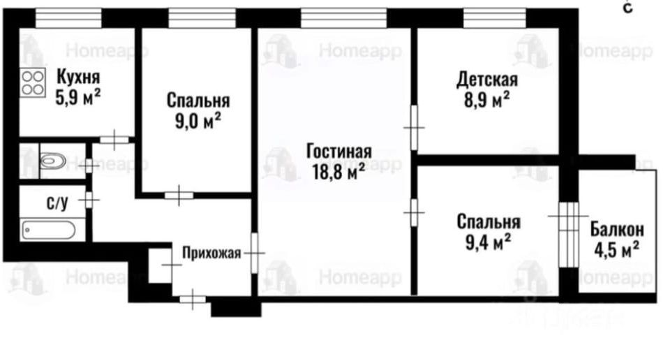 Продаётся 4-комнатная квартира, 62.7 м²