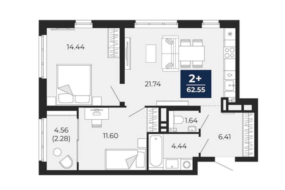 Продаётся 2-комнатная квартира, 62.55 м²