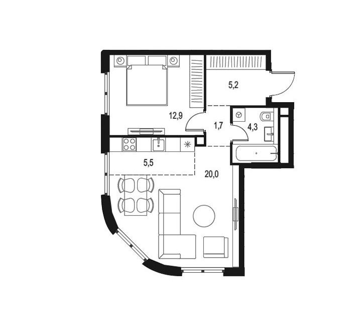 Продаётся 1-комнатная квартира, 49.6 м²