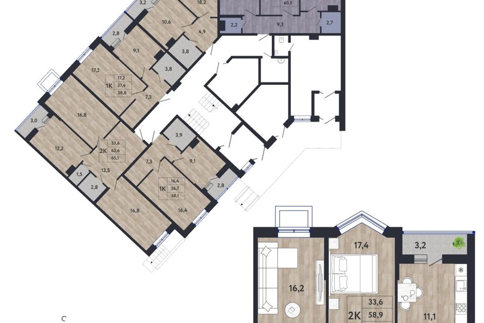 Продаётся 2-комнатная квартира, 58.9 м²