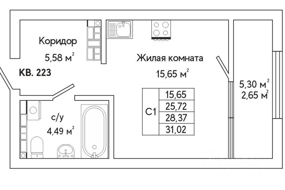 Продаётся 1-комнатная квартира, 30.9 м²