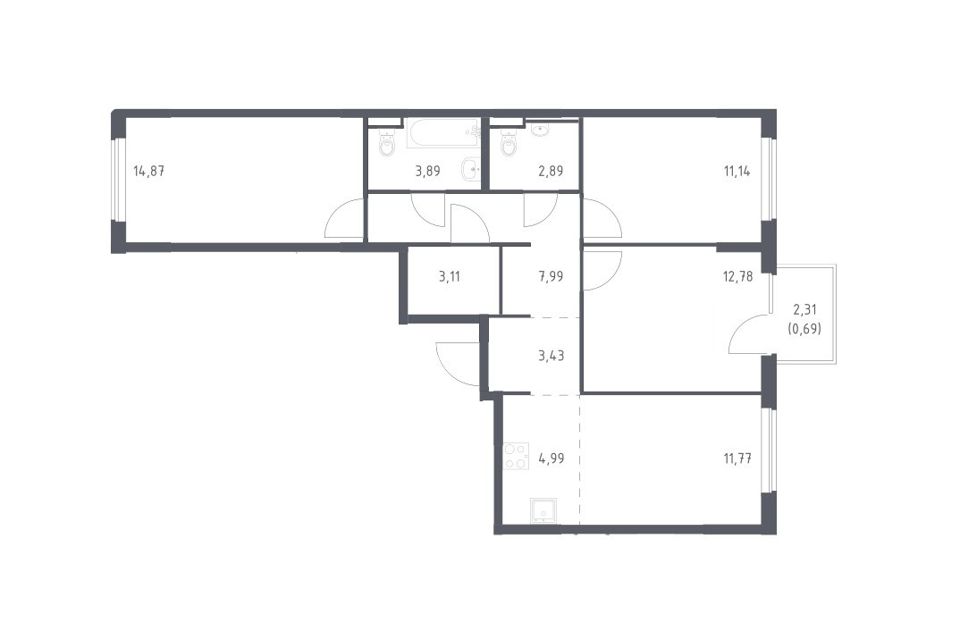 Продаётся 3-комнатная квартира, 77.55 м²