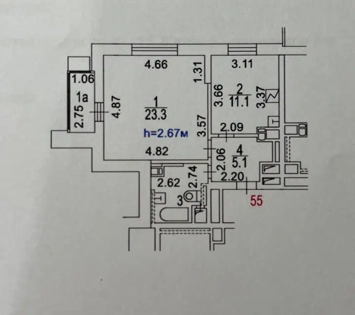 Продаётся 1-комнатная квартира, 45.7 м²