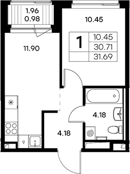 Продаётся 1-комнатная квартира, 30.71 м²