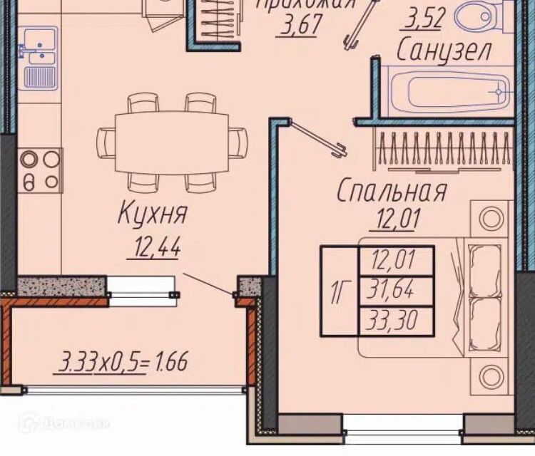 Продаётся 1-комнатная квартира, 33 м²