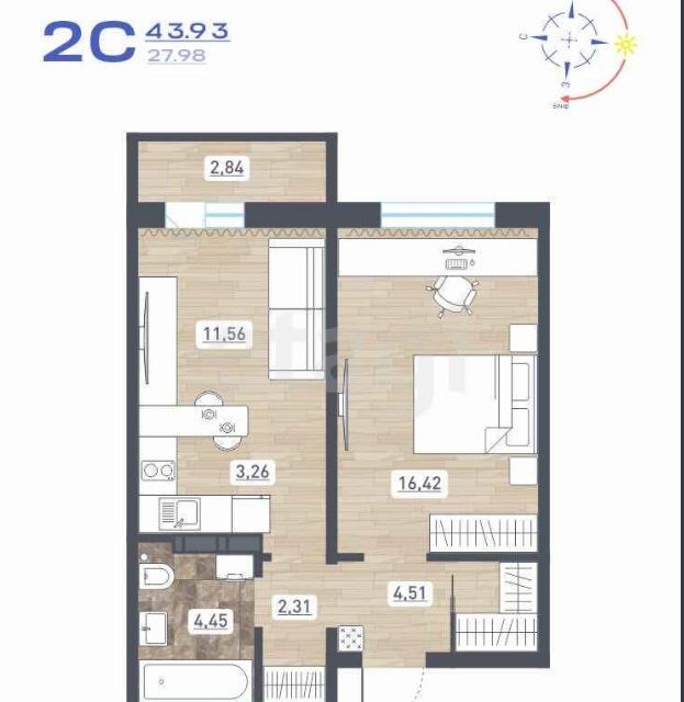 Продаётся 2-комнатная квартира, 43.93 м²