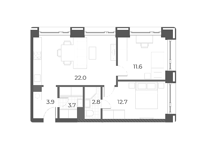 Продаётся 2-комнатная квартира, 56.7 м²