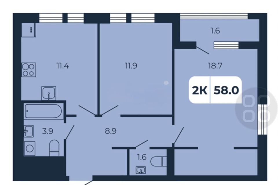 Продаётся 2-комнатная квартира, 56.7 м²