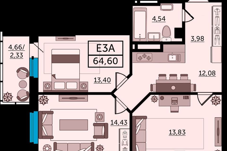 Продаётся 3-комнатная квартира, 65.5 м²