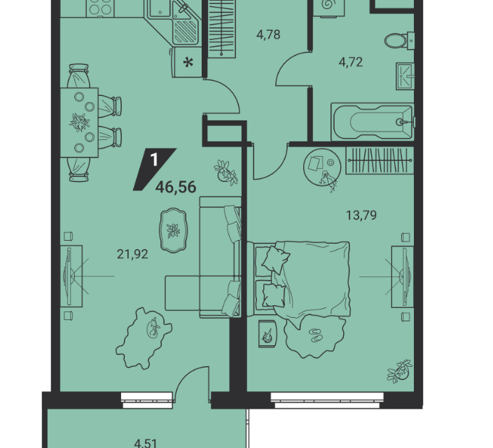 Продаётся 1-комнатная квартира, 46.4 м²